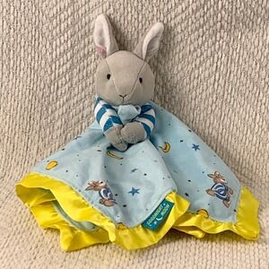 Goodnight Moon Bunny Lovey Security Blanket Yellow Satin Trim Baby Toy Stars EUC